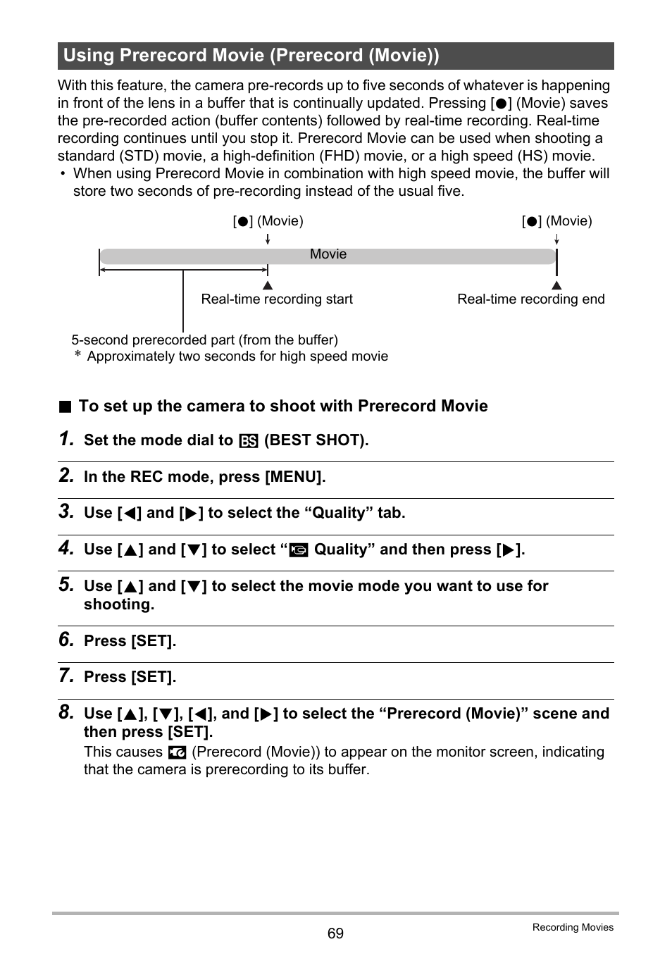 Using prerecord movie (prerecord (movie)) | Casio EX-ZR200  EN User Manual | Page 69 / 201