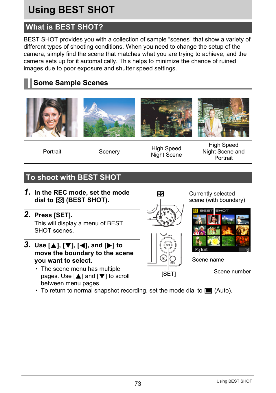 Using best shot, What is best shot, Some sample scenes | To shoot with best shot | Casio EX-ZR200  EN User Manual | Page 73 / 201