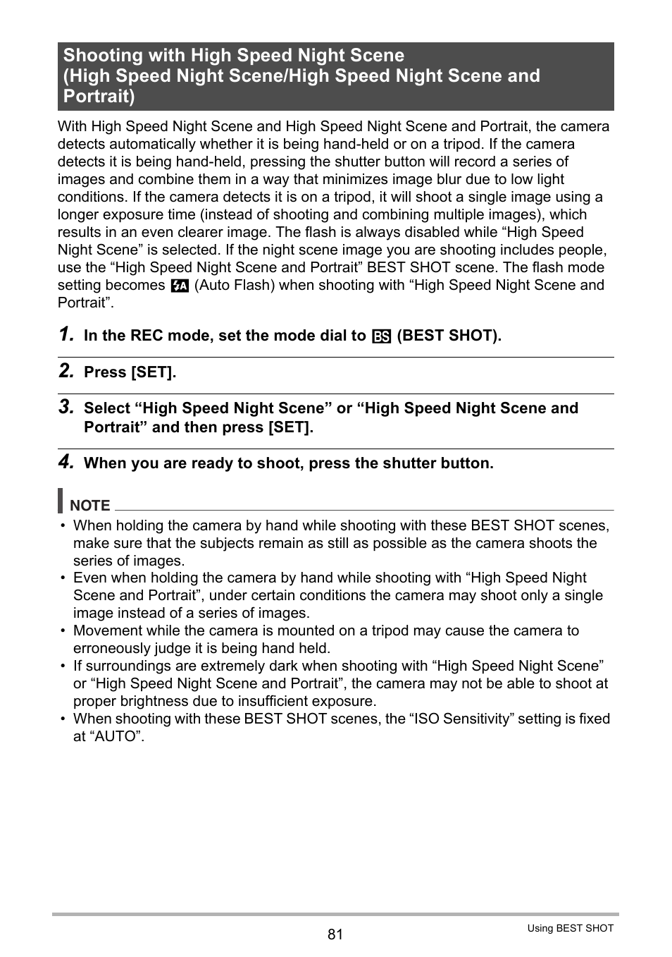 Shooting with high speed night scene | Casio EX-ZR200  EN User Manual | Page 81 / 201
