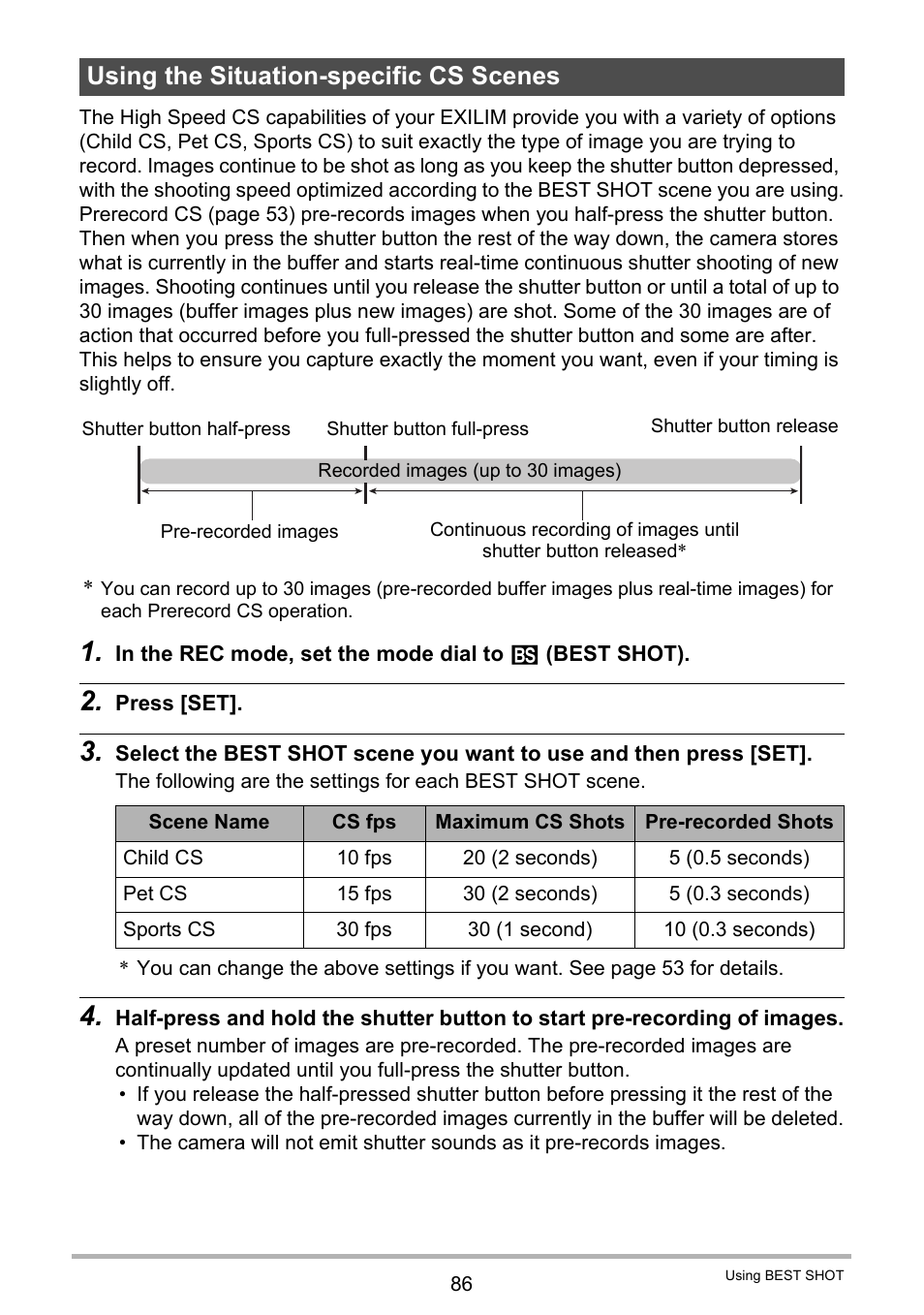Using the situation-specific cs scenes | Casio EX-ZR200  EN User Manual | Page 86 / 201