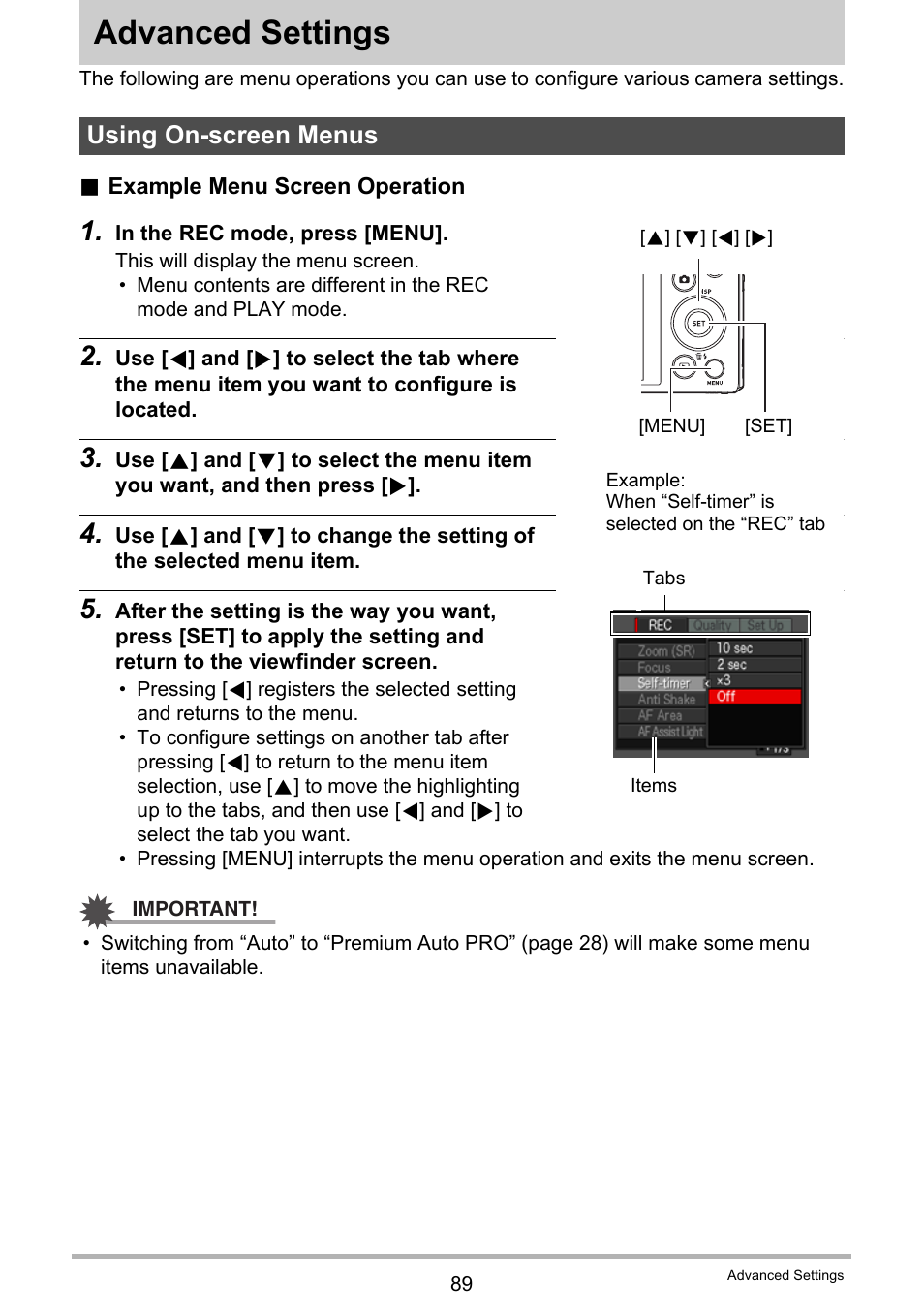 Advanced settings, Using on-screen menus | Casio EX-ZR200  EN User Manual | Page 89 / 201
