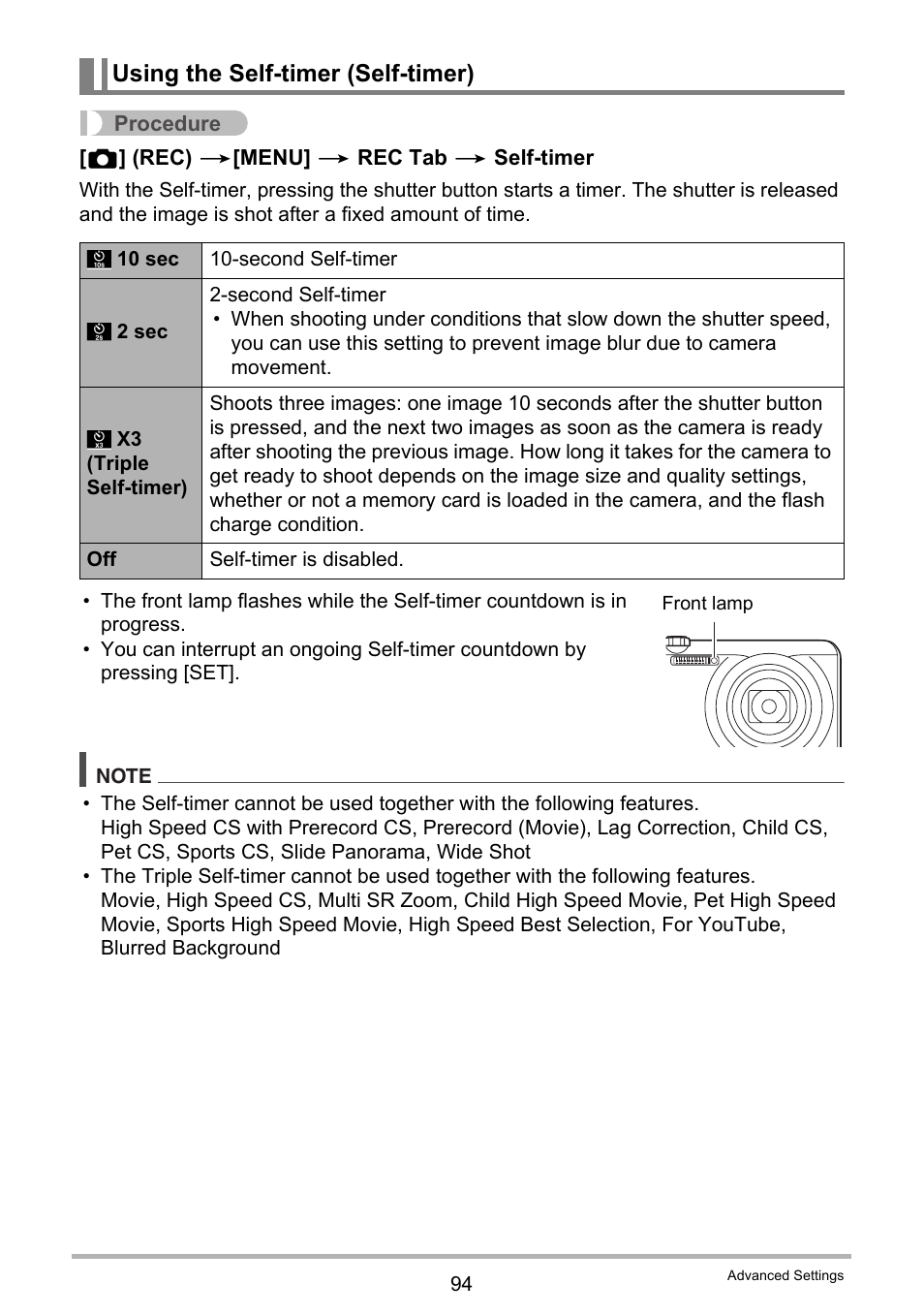Using the self-timer (self-timer) | Casio EX-ZR200  EN User Manual | Page 94 / 201