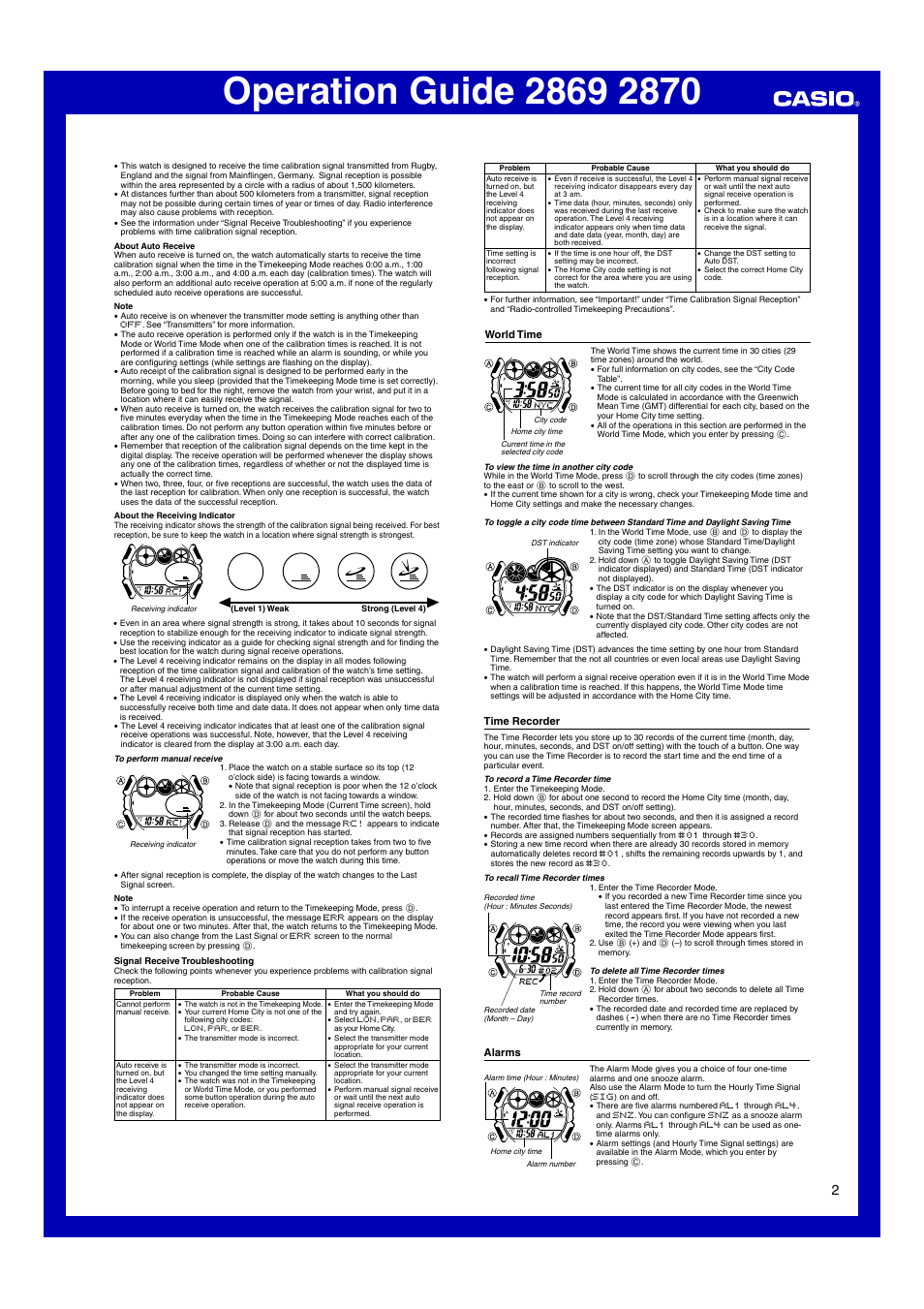 World time, Time recorder, Alarms | Casio 2870 User Manual | Page 2 / 6