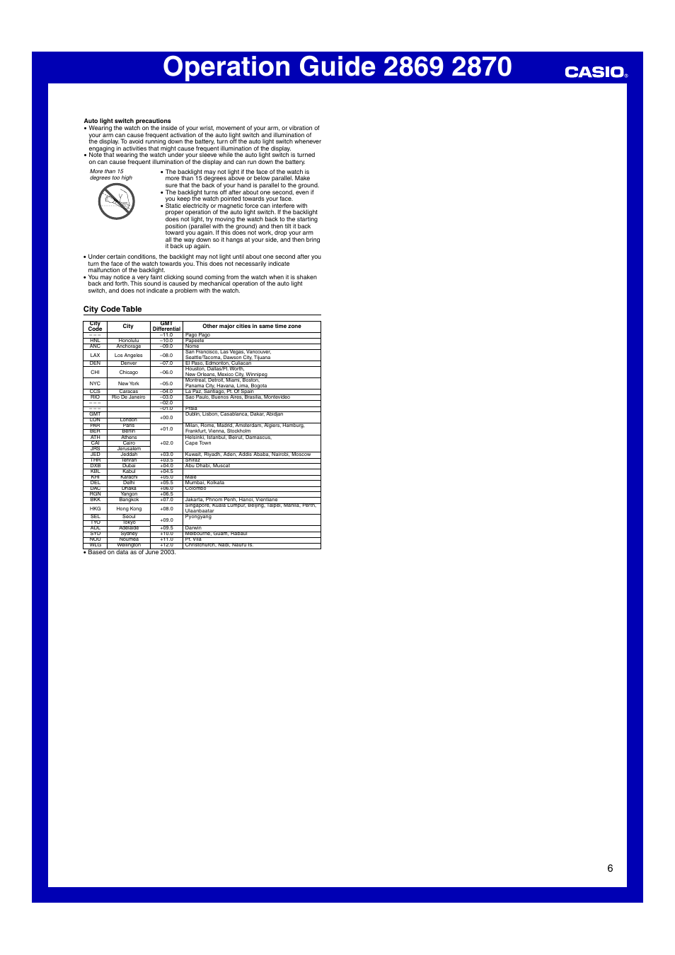 City code table | Casio 2870 User Manual | Page 6 / 6