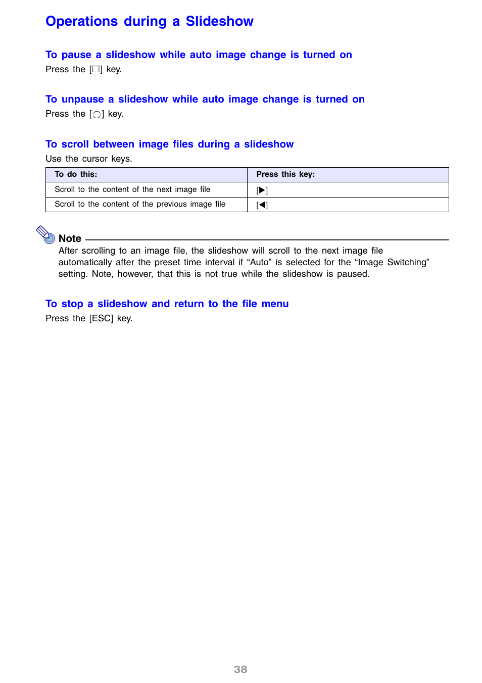 Operations during a slideshow, Operations, During a slideshow | Casio XJ-S57 User Manual | Page 38 / 61