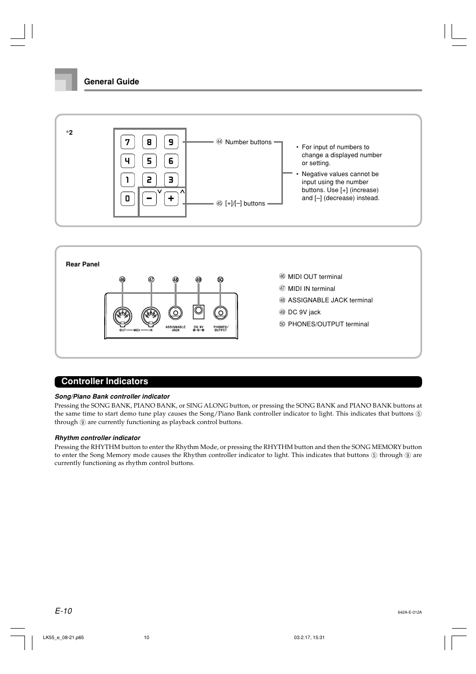 Controller indicators, E-10 general guide | Casio LK-55  EN User Manual | Page 12 / 83