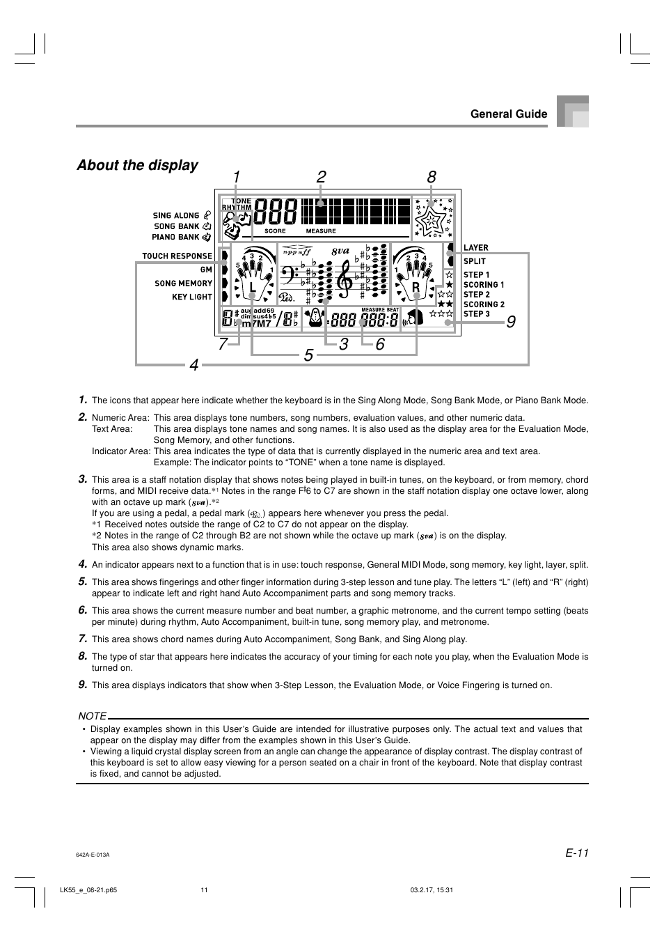 About the display | Casio LK-55  EN User Manual | Page 13 / 83