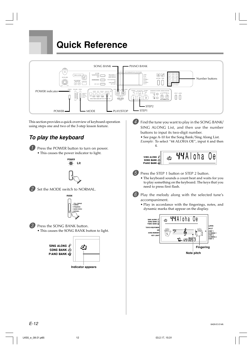 Quick reference | Casio LK-55  EN User Manual | Page 14 / 83