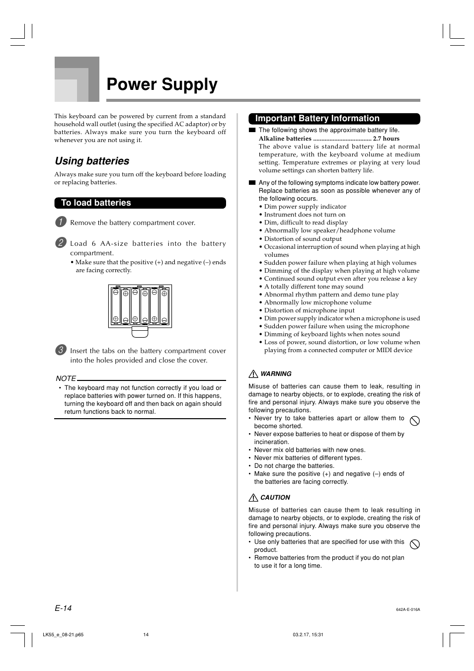 Power supply, Using batteries | Casio LK-55  EN User Manual | Page 16 / 83