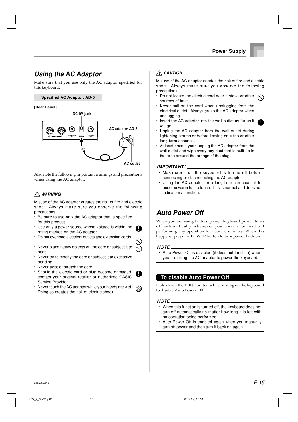 Auto power off, Using the ac adaptor, E-15 | Power supply | Casio LK-55  EN User Manual | Page 17 / 83