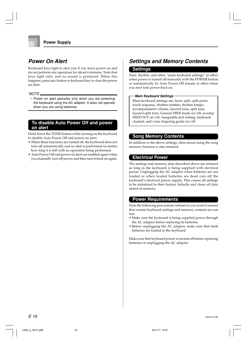 Power on alert, Settings, Electrical power | Power requirements | Casio LK-55  EN User Manual | Page 18 / 83