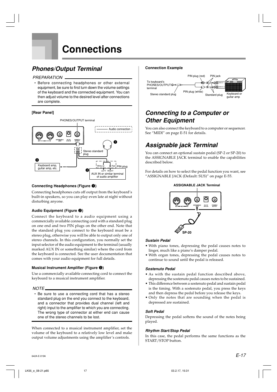 Connections, Phones/output terminal, Connecting to a computer or other equipment | Assignable jack terminal, E-17 | Casio LK-55  EN User Manual | Page 19 / 83