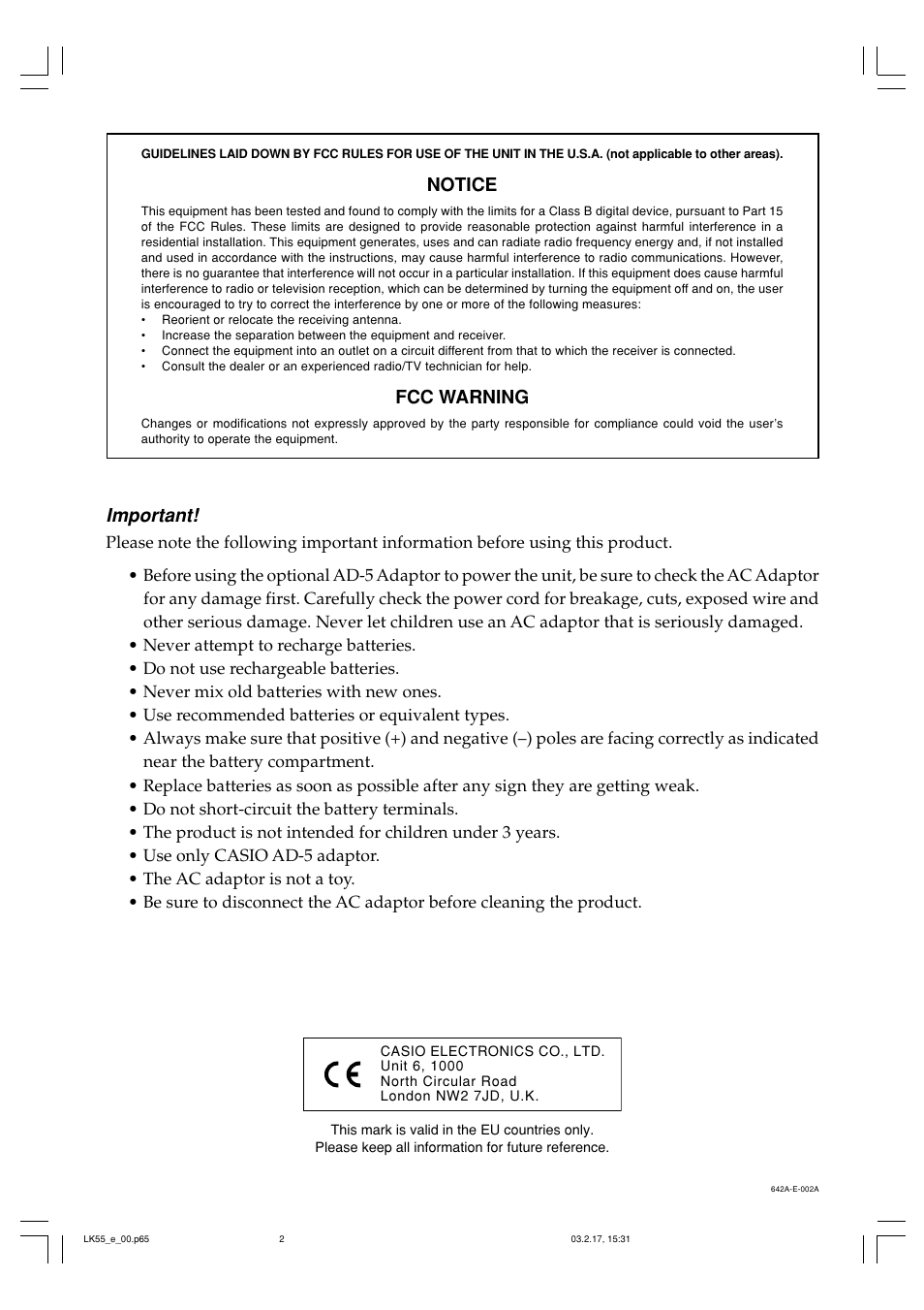 Notice, Fcc warning, Important | Casio LK-55  EN User Manual | Page 2 / 83