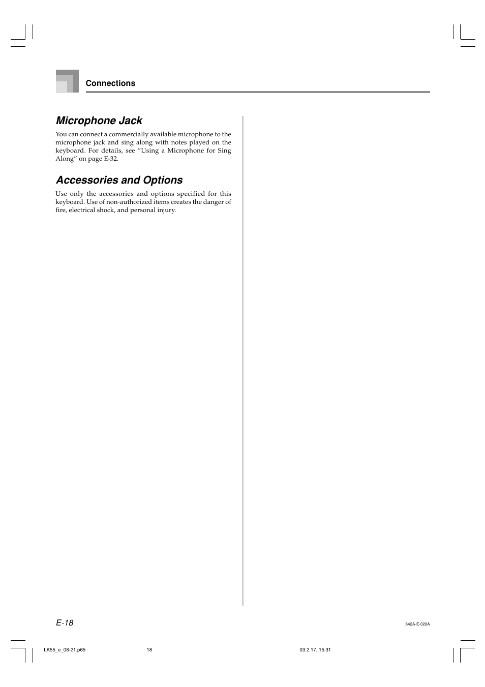 Microphone jack, Accessories and options | Casio LK-55  EN User Manual | Page 20 / 83