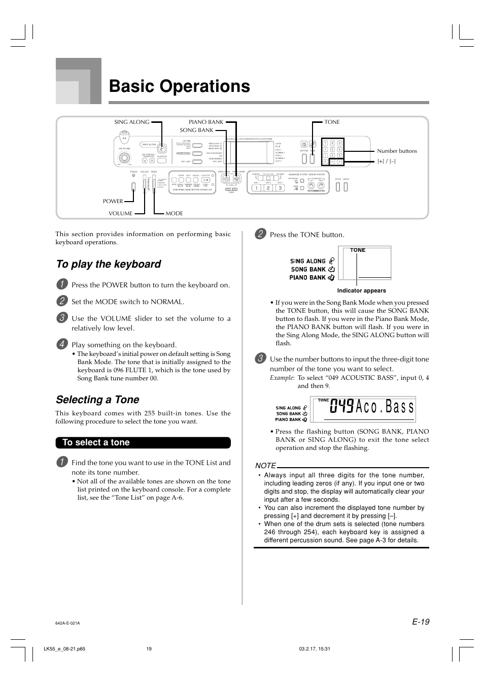 A c o . ba s s, Basic operations, Selecting a tone | Casio LK-55  EN User Manual | Page 21 / 83