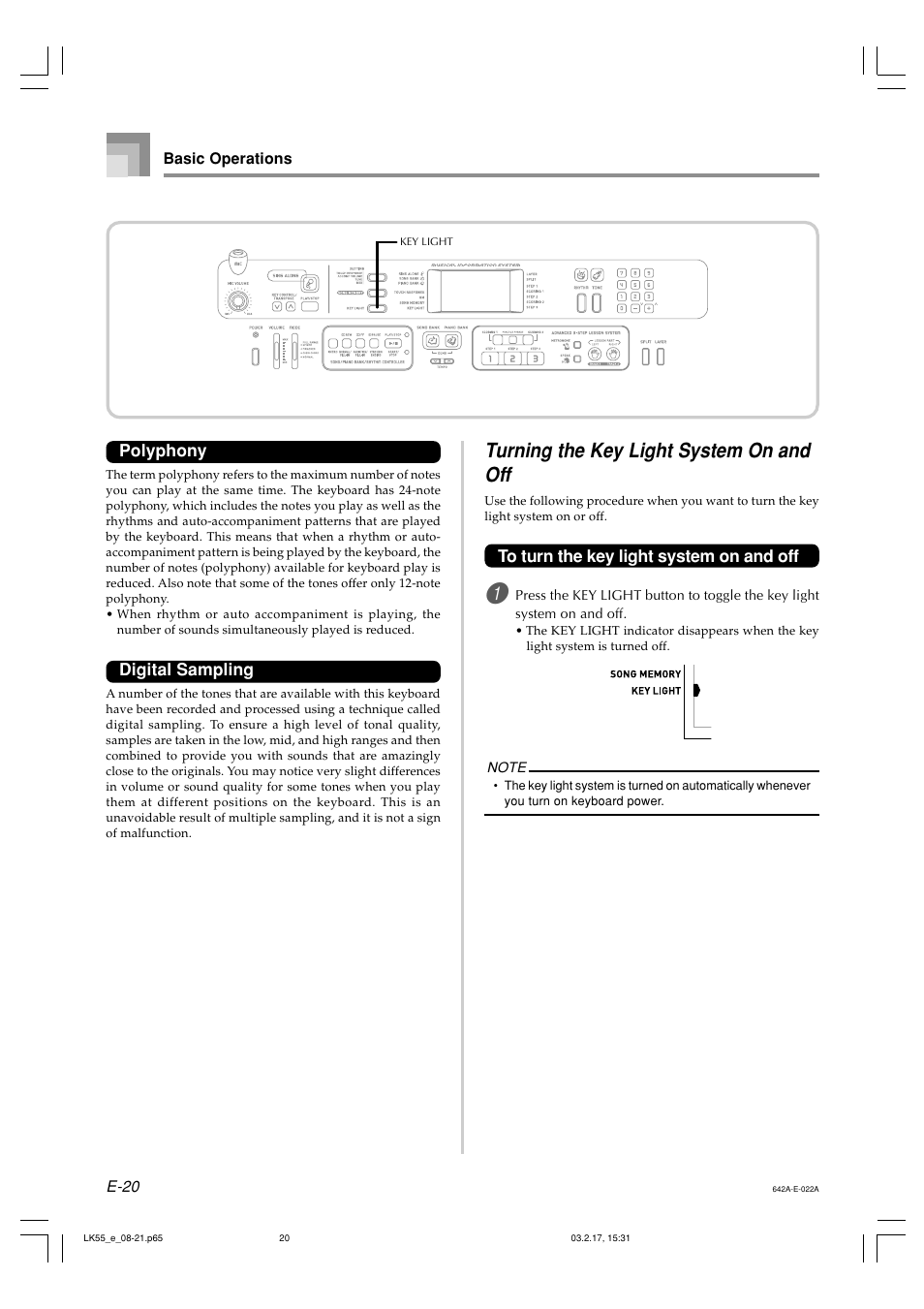 Turning the key light system on and off, Polyphony, Digital sampling | Casio LK-55  EN User Manual | Page 22 / 83