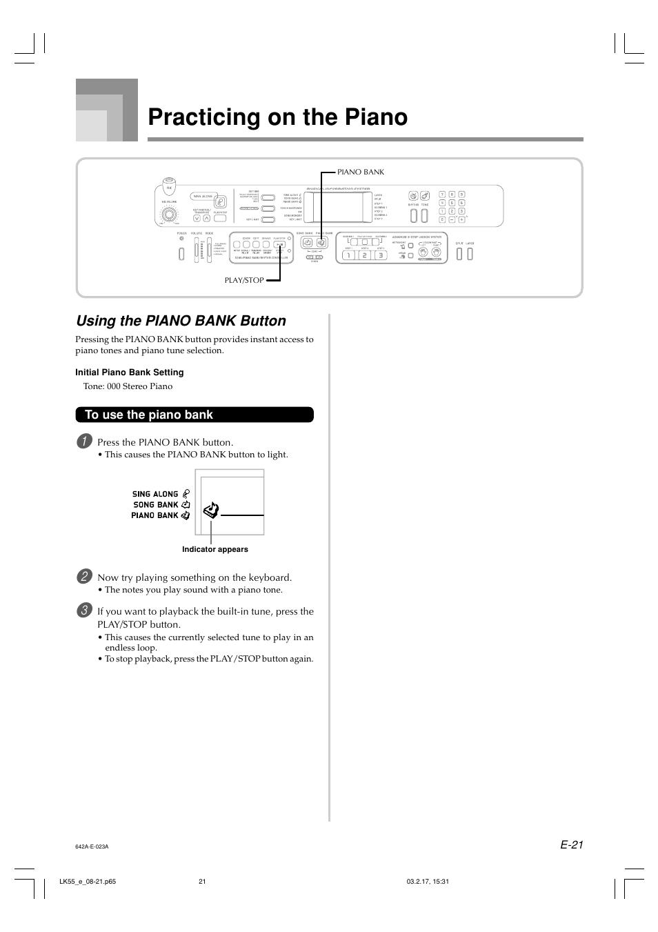 Practicing on the piano, Using the piano bank button | Casio LK-55  EN User Manual | Page 23 / 83