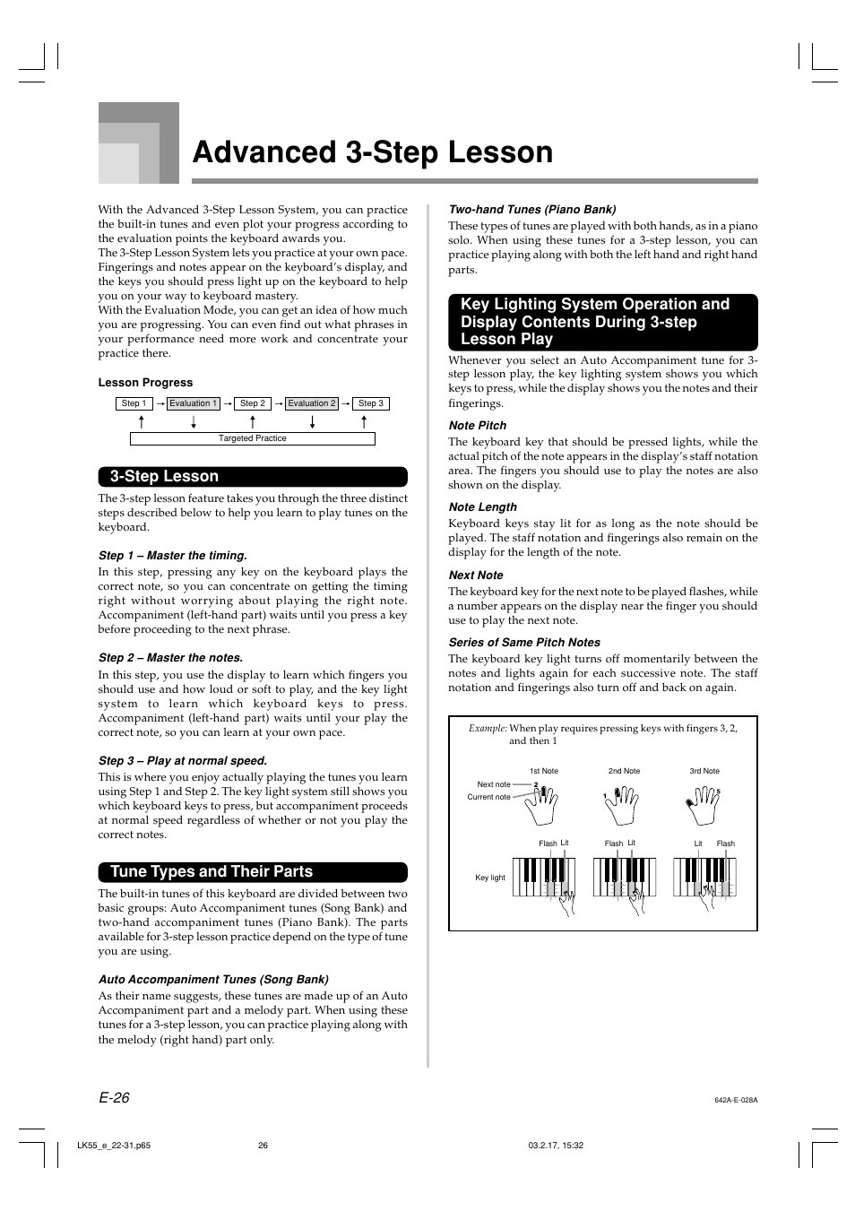 Advanced 3-step lesson, Step lesson, Tune types and their parts | E-26 | Casio LK-55  EN User Manual | Page 28 / 83