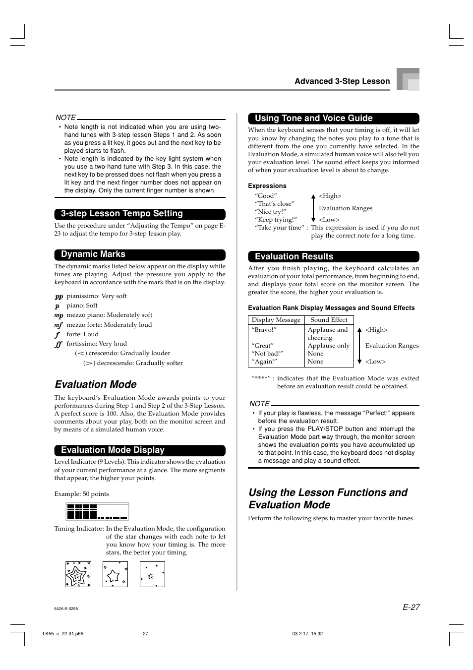 Evaluation mode, Using the lesson functions and evaluation mode, Step lesson tempo setting | Dynamic marks, Evaluation mode display, Using tone and voice guide, Evaluation results | Casio LK-55  EN User Manual | Page 29 / 83