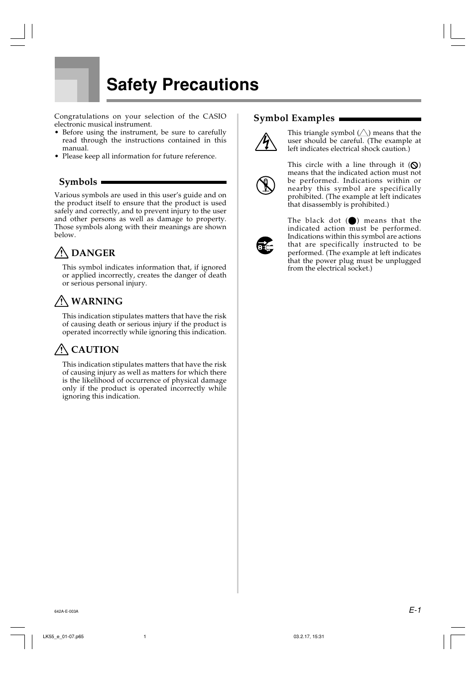 Safety precautions, Symbols, Danger | Warning, Caution, Symbol examples | Casio LK-55  EN User Manual | Page 3 / 83