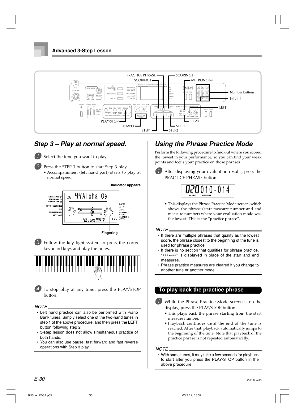 Step 3 – play at normal speed, Using the phrase practice mode | Casio LK-55  EN User Manual | Page 32 / 83