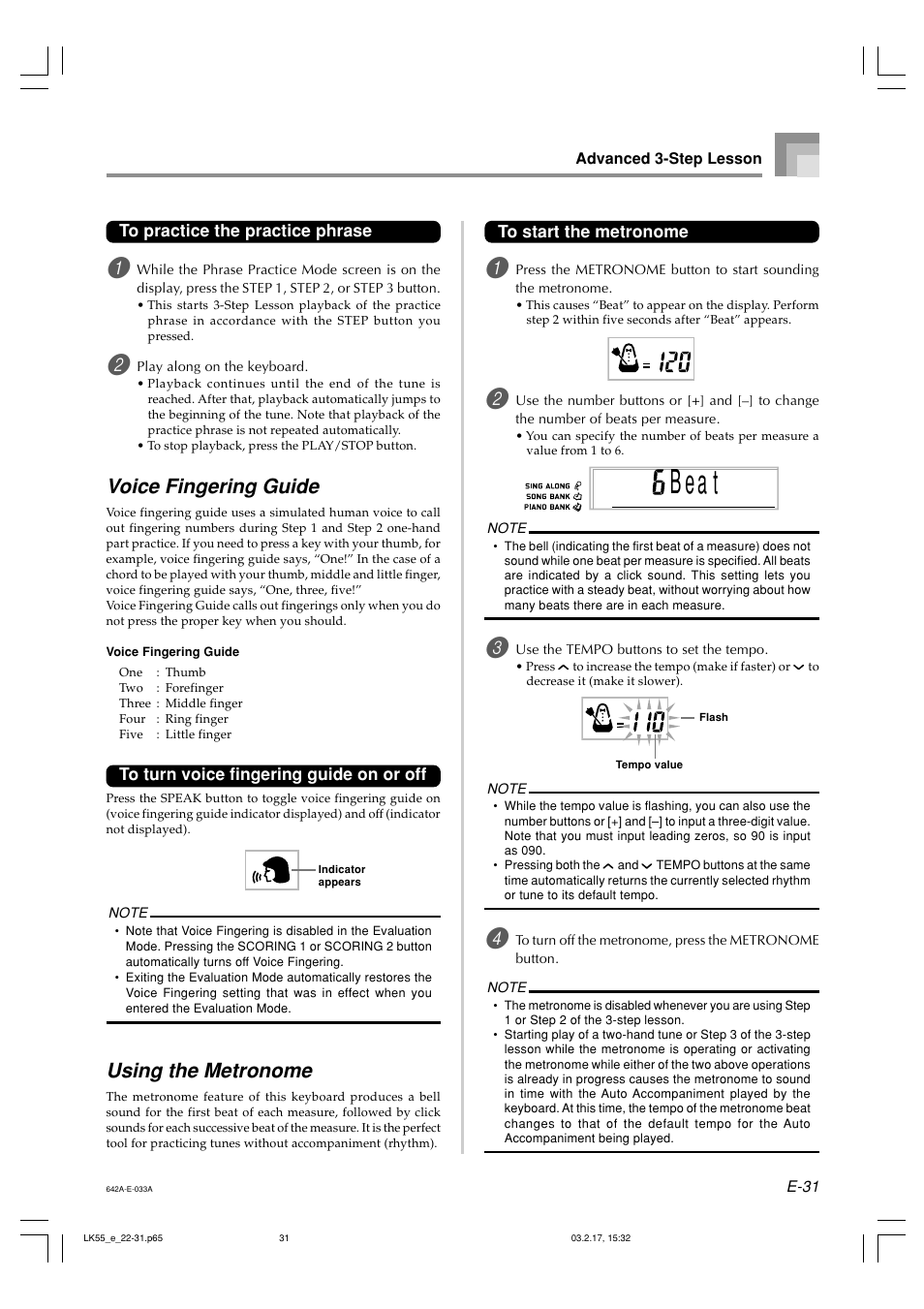 B a t e, Voice fingering guide, Using the metronome | Casio LK-55  EN User Manual | Page 33 / 83