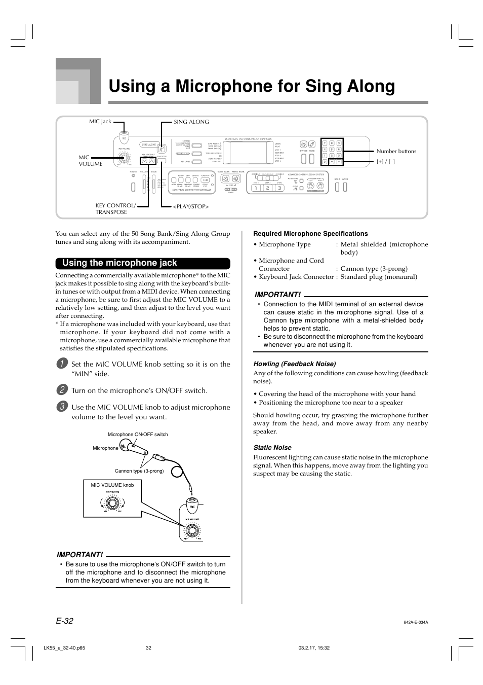 Using a microphone for sing along, Using the microphone jack | Casio LK-55  EN User Manual | Page 34 / 83