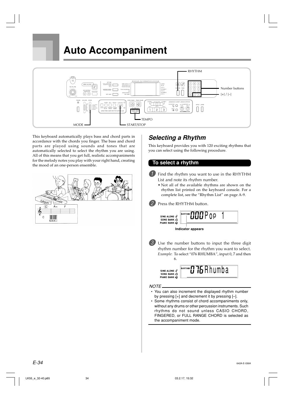 Rb a hum, Auto accompaniment, Selecting a rhythm | Casio LK-55  EN User Manual | Page 36 / 83