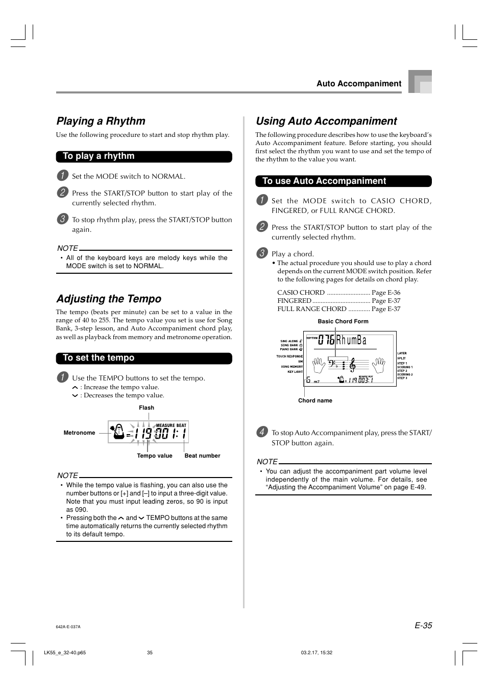 R u h mba, Using auto accompaniment, Playing a rhythm | Adjusting the tempo | Casio LK-55  EN User Manual | Page 37 / 83