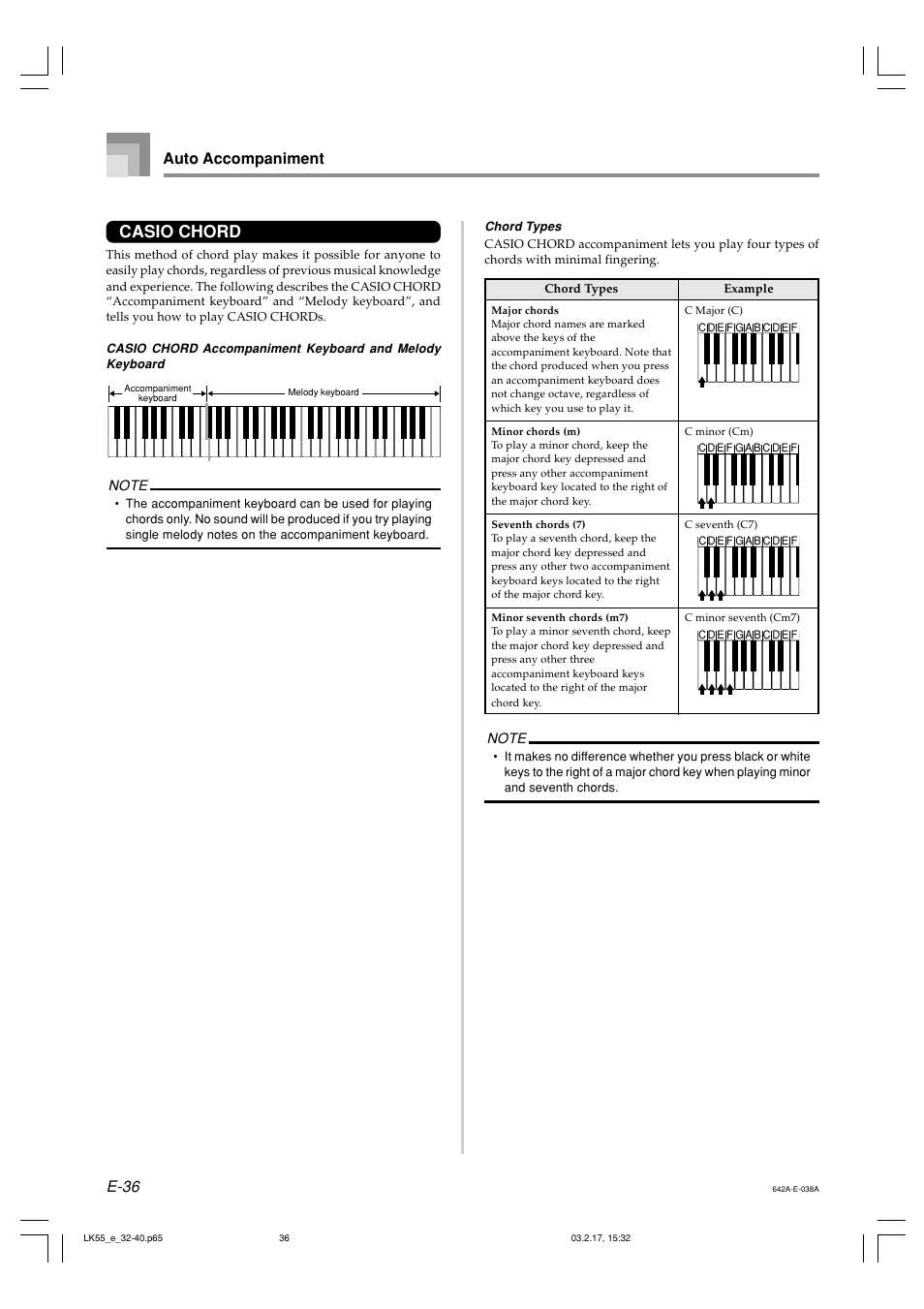 Casio chord, E-36, Auto accompaniment | Casio LK-55  EN User Manual | Page 38 / 83