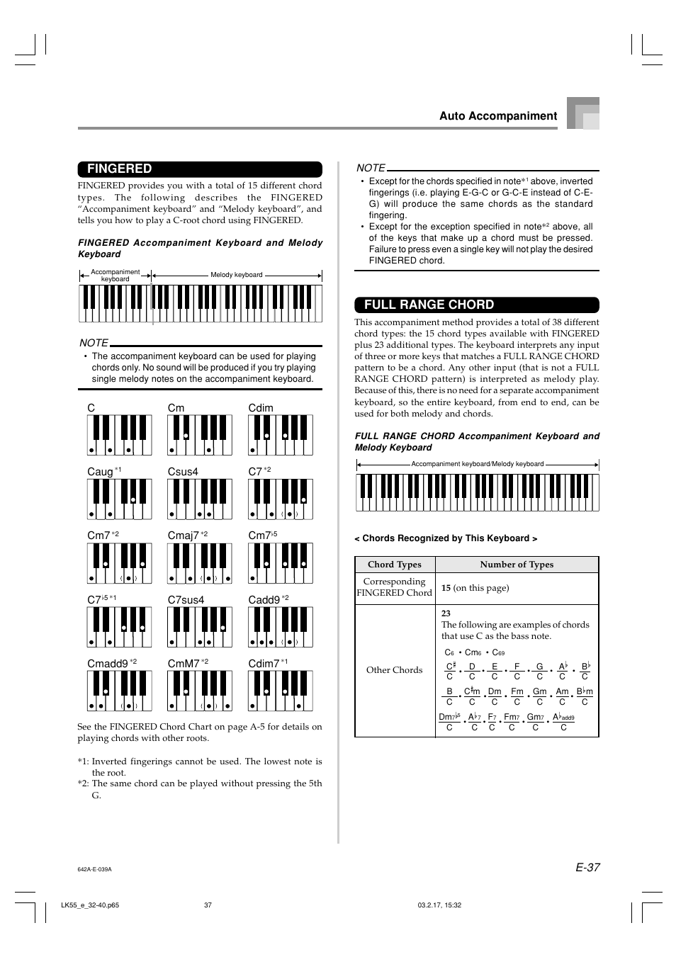 Full range chord, Fingered, E-37 | Auto accompaniment, Ccaug, Cmadd9, Cm csus4 cmaj7, C7sus4 cmm7, Cdim c7, Cadd9 | Casio LK-55  EN User Manual | Page 39 / 83