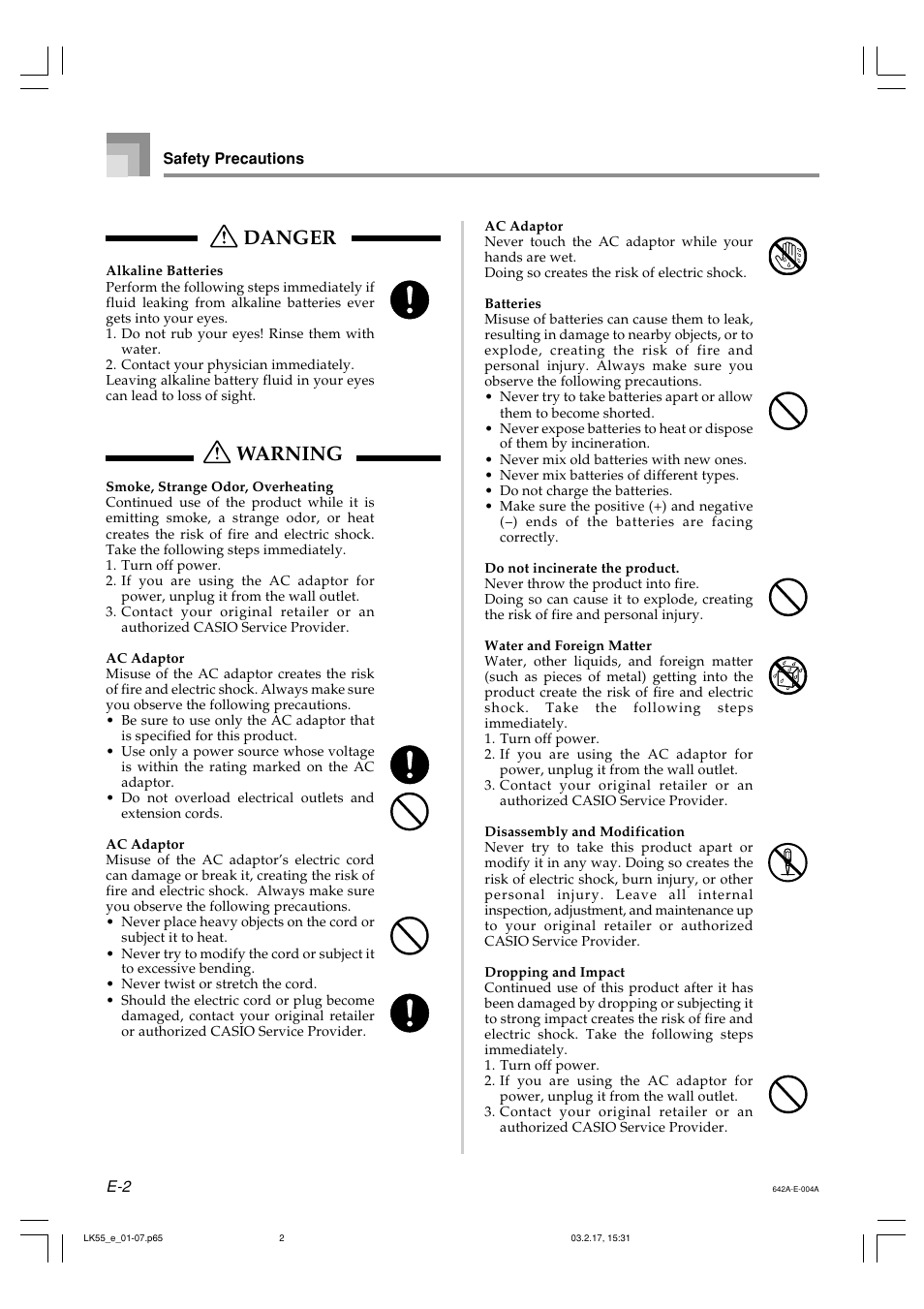 Danger, Warning | Casio LK-55  EN User Manual | Page 4 / 83