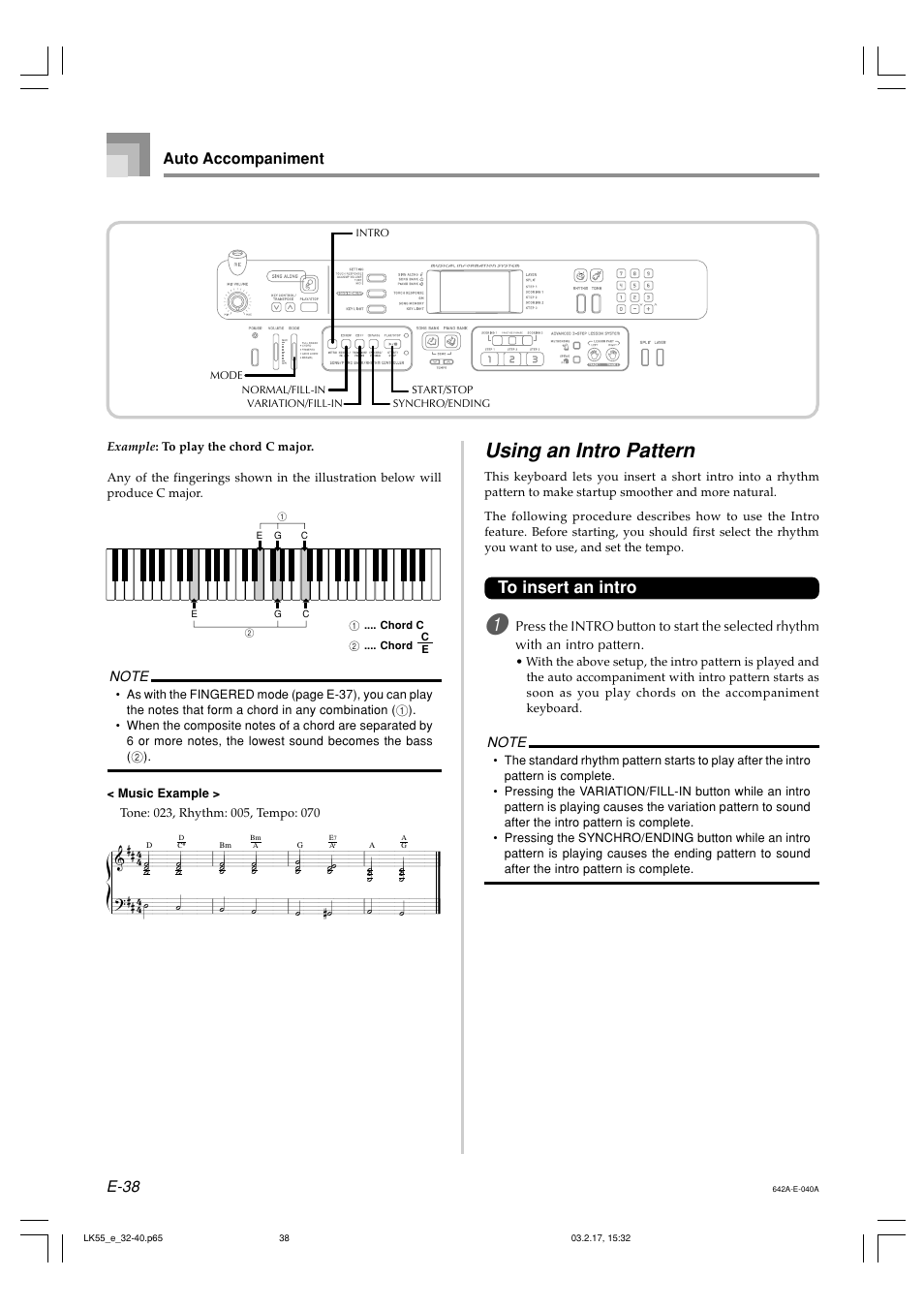 Using an intro pattern, E-38, Auto accompaniment | Casio LK-55  EN User Manual | Page 40 / 83