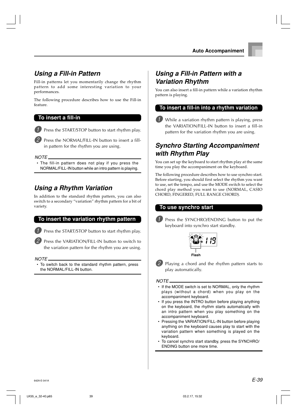 Using a fill-in pattern with a variation rhythm, Synchro starting accompaniment with rhythm play, Using a fill-in pattern | Using a rhythm variation | Casio LK-55  EN User Manual | Page 41 / 83