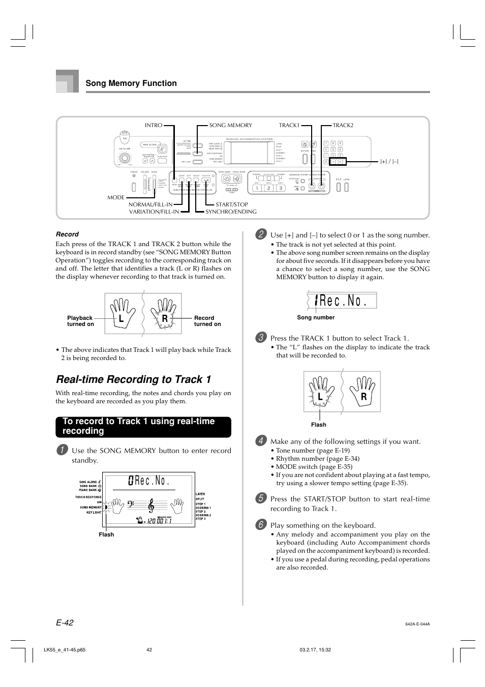 Re c . . n o, Real-time recording to track 1 | Casio LK-55  EN User Manual | Page 44 / 83