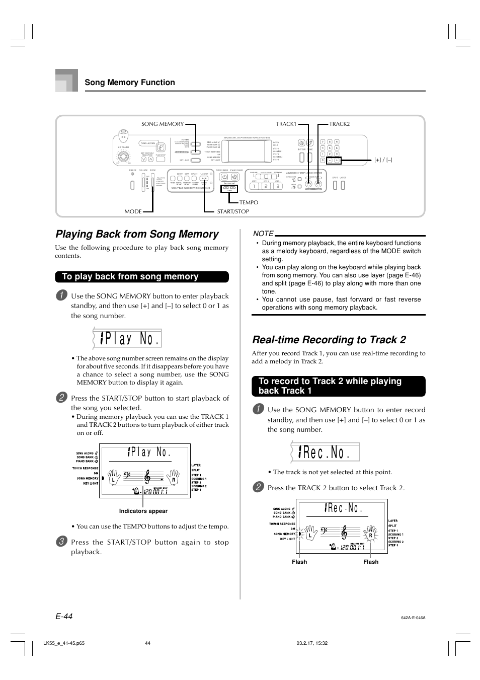 Re c o . . n, Yp l a, Re c | Real-time recording to track 2 | Casio LK-55  EN User Manual | Page 46 / 83