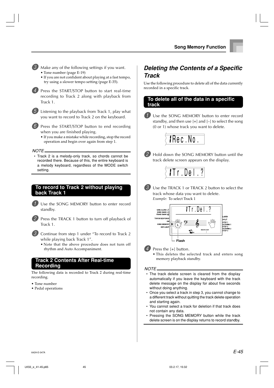 Re c o . . n t r . l . ? d e, T r . de ? l, Deleting the contents of a specific track | Casio LK-55  EN User Manual | Page 47 / 83