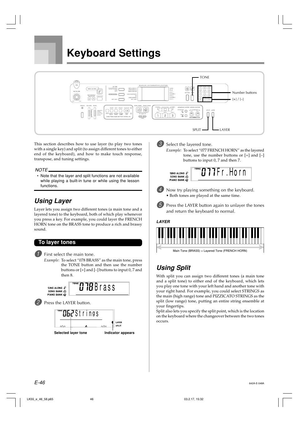 F r . h r o n, Keyboard settings, S t r i | Using layer, Using split | Casio LK-55  EN User Manual | Page 48 / 83