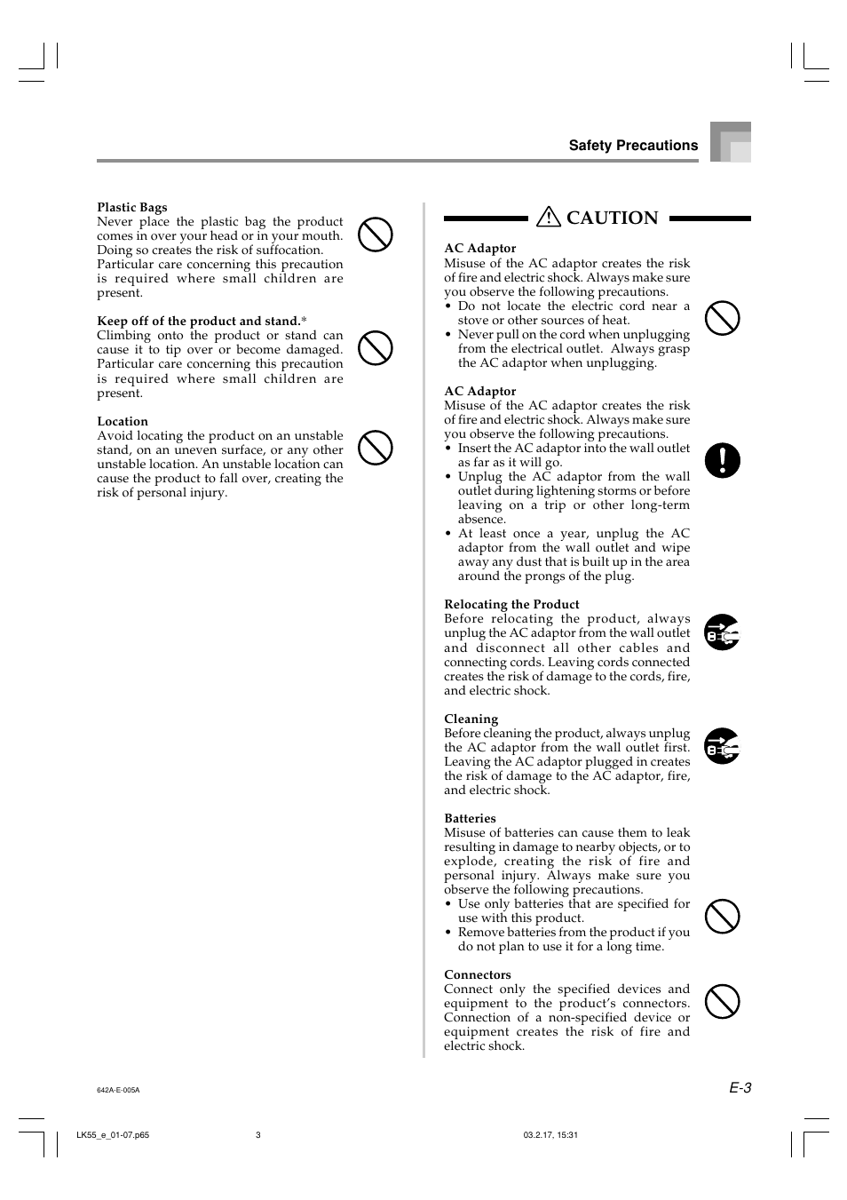 Caution | Casio LK-55  EN User Manual | Page 5 / 83