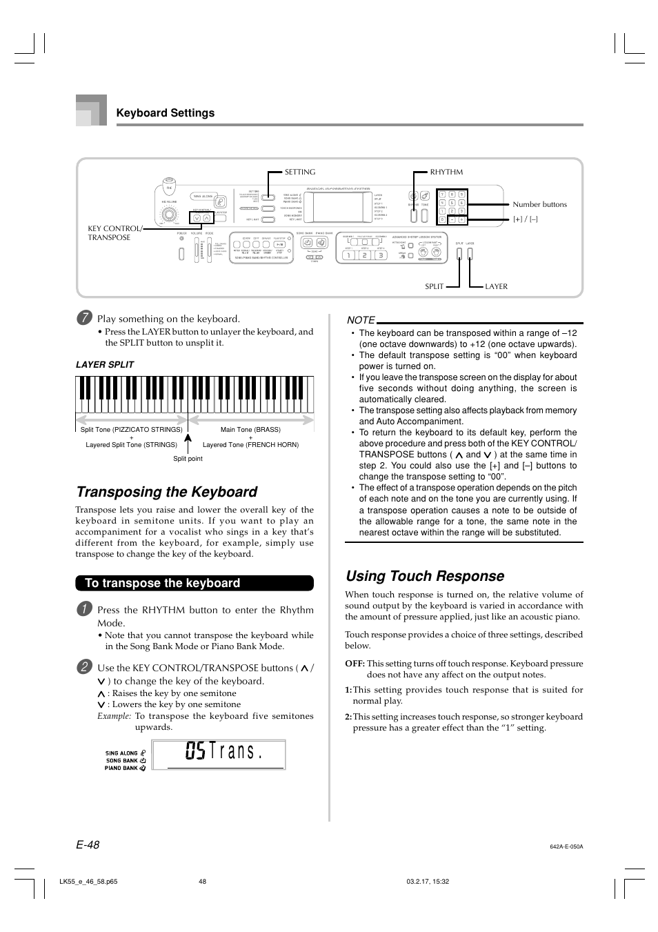 Transposing the keyboard, Using touch response | Casio LK-55  EN User Manual | Page 50 / 83