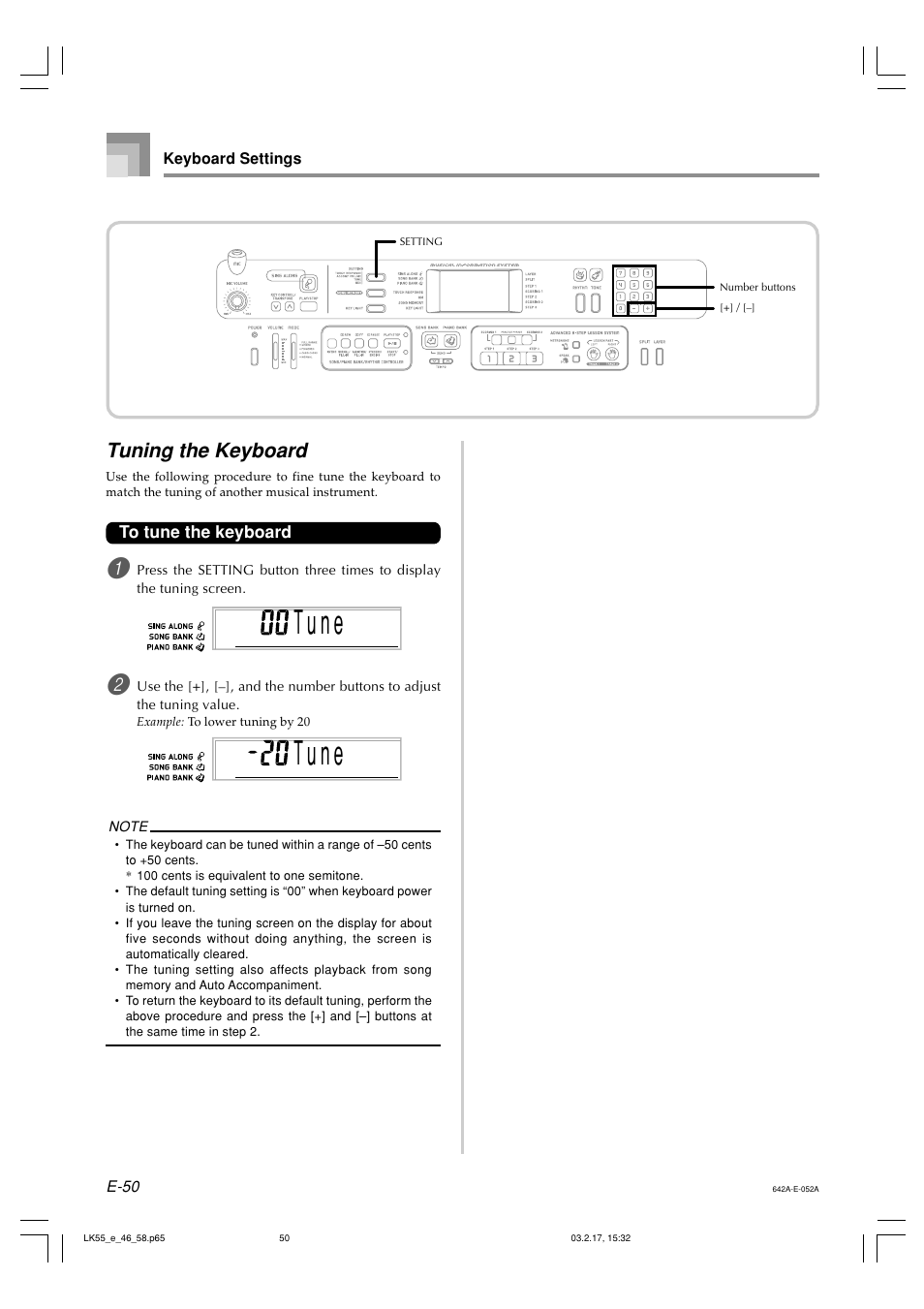 T u n e, Tuning the keyboard | Casio LK-55  EN User Manual | Page 52 / 83