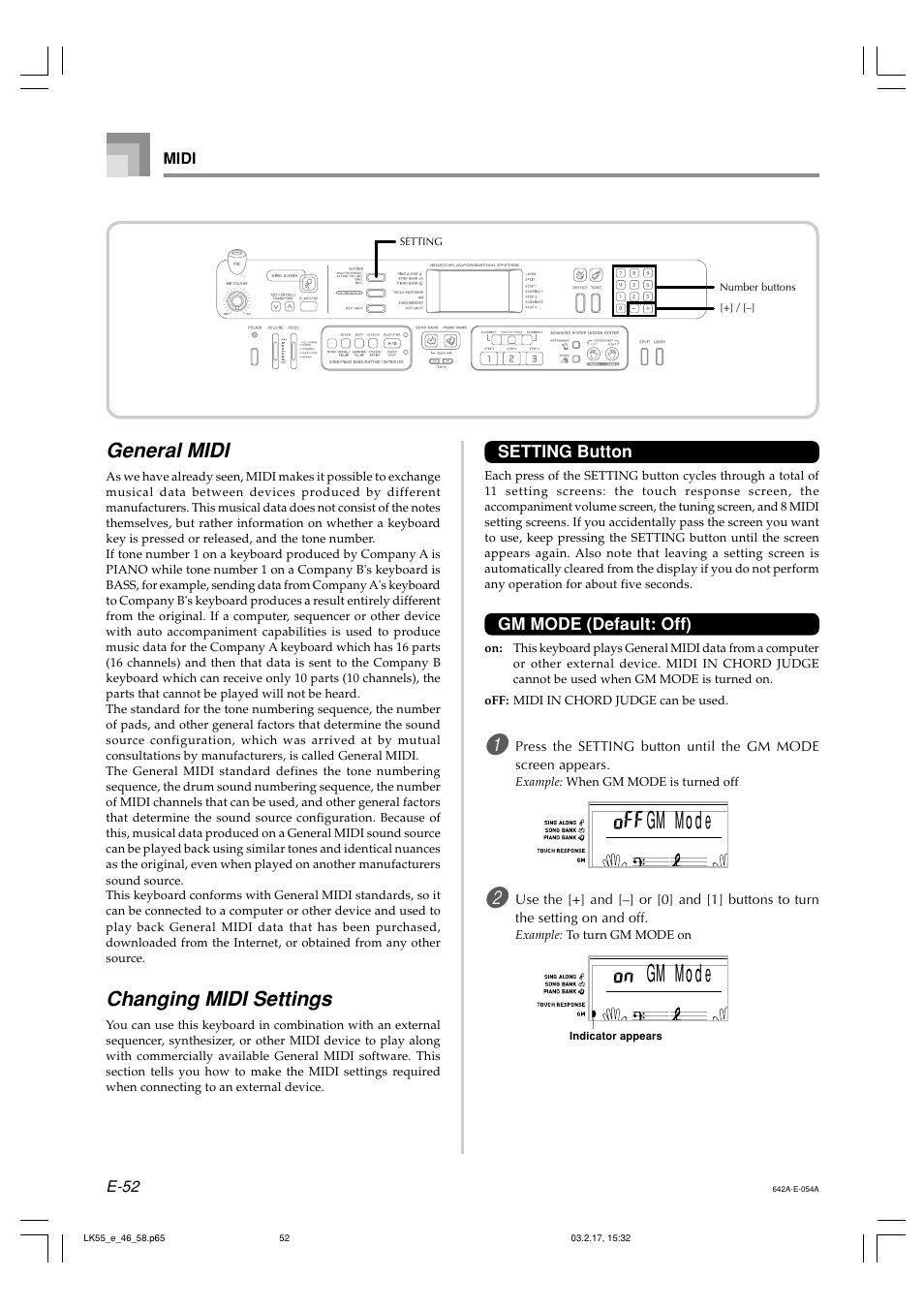 Gm mo d e, General midi, Changing midi settings | Casio LK-55  EN User Manual | Page 54 / 83