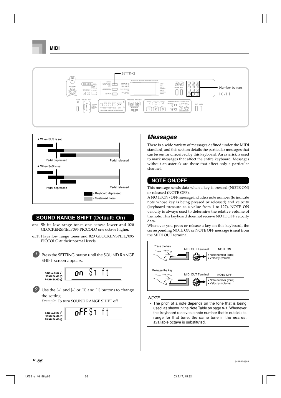 Messages, Sound range shift (default: on) | Casio LK-55  EN User Manual | Page 58 / 83