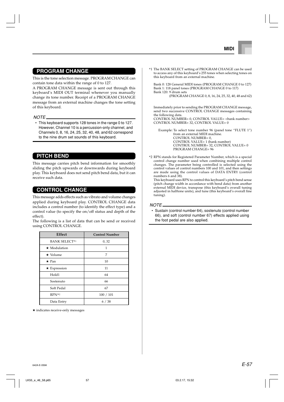 Program change, Pitch bend, Control change | E-57 midi | Casio LK-55  EN User Manual | Page 59 / 83