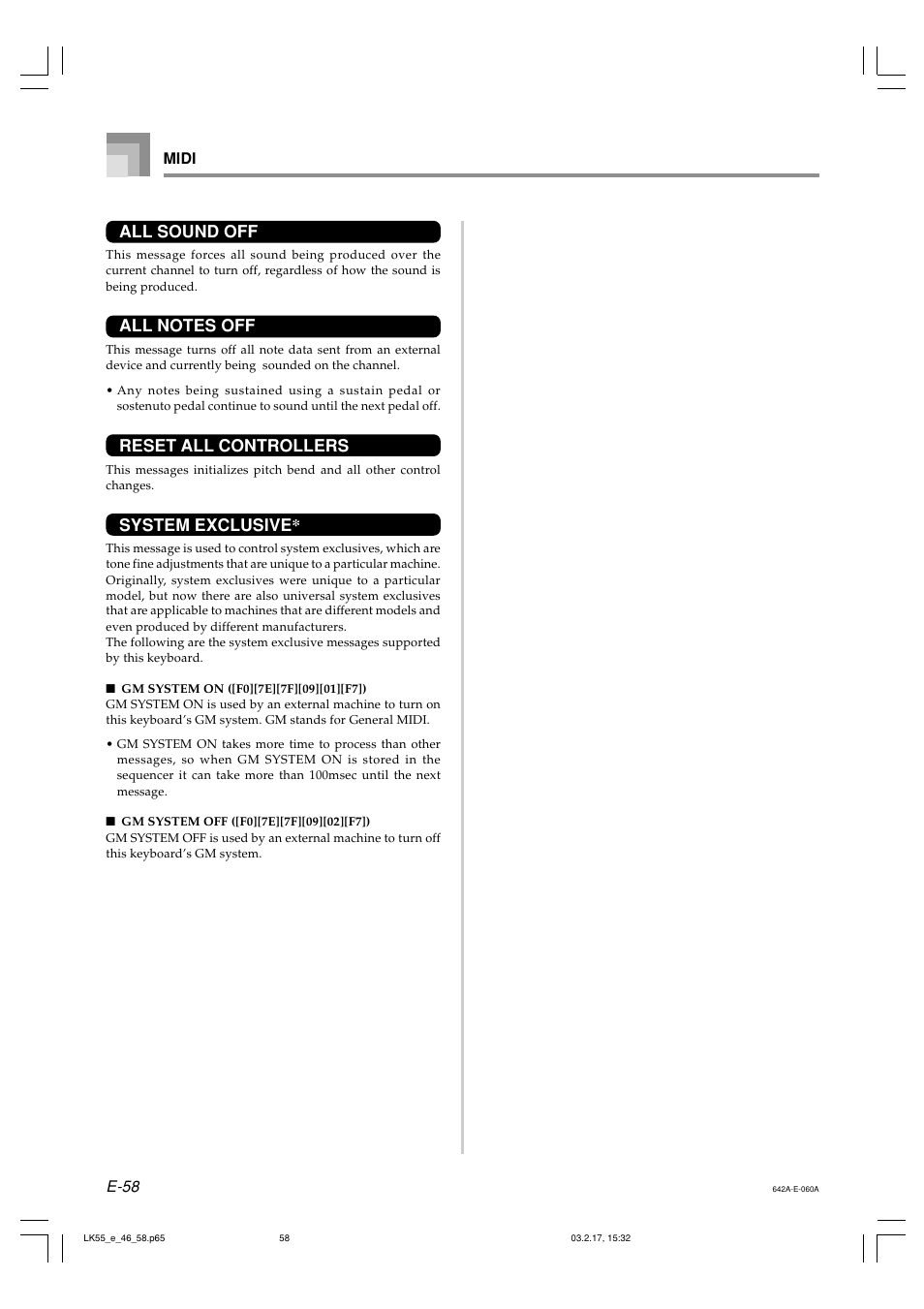 All sound off, Reset all controllers, System exclusive | Casio LK-55  EN User Manual | Page 60 / 83