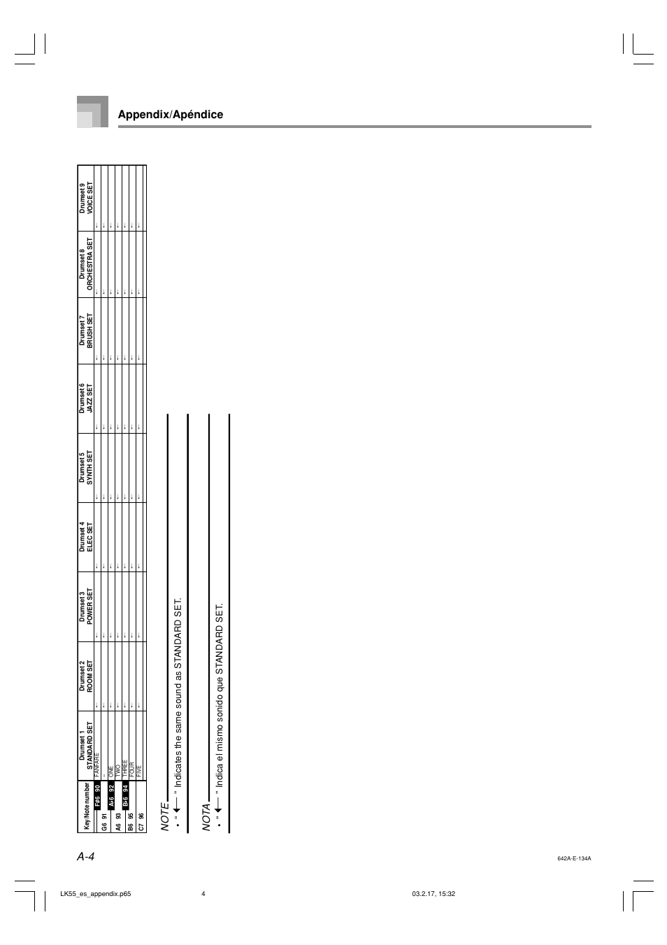 A-4 appendix/apéndice, Not a | Casio LK-55  EN User Manual | Page 69 / 83