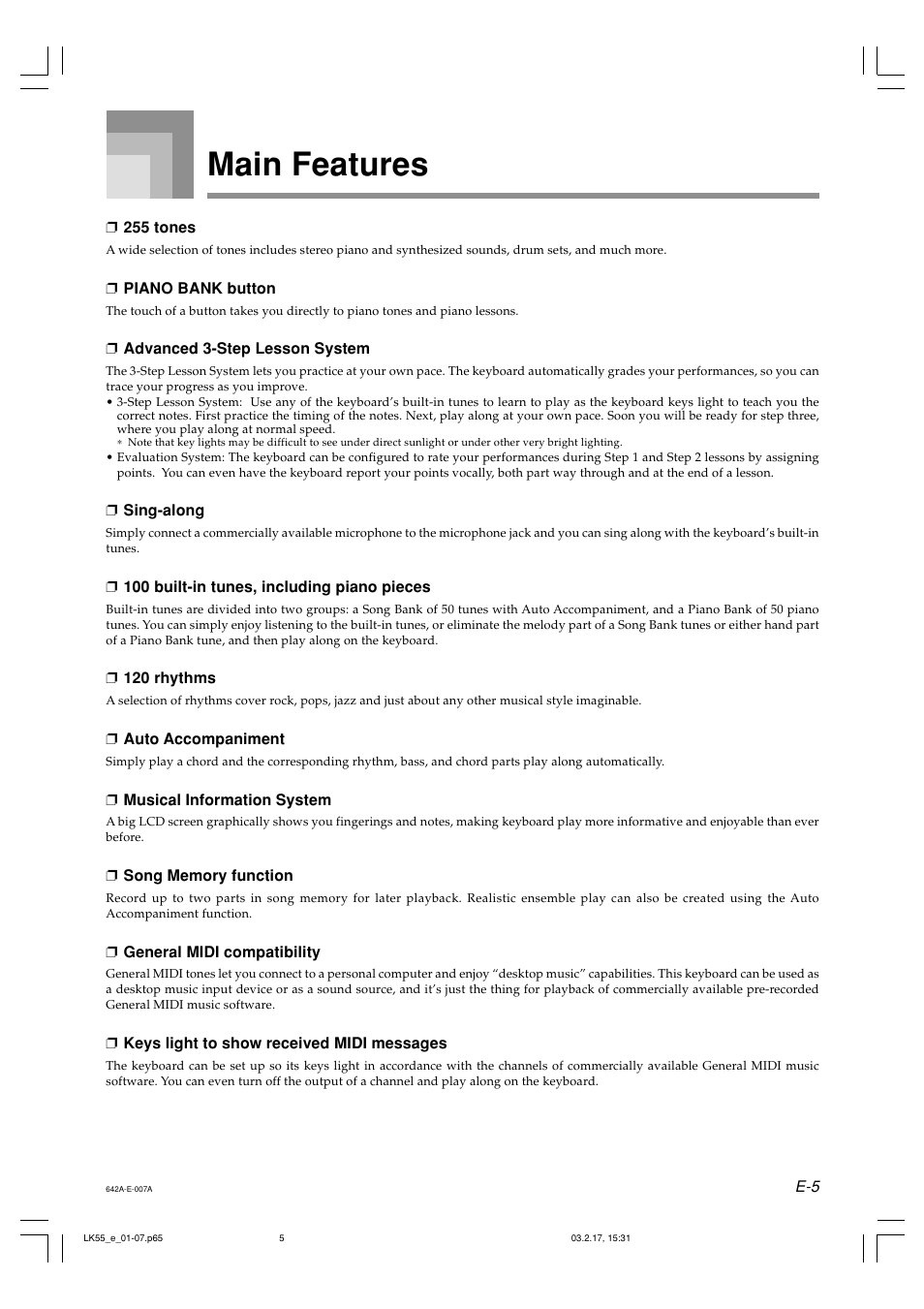 Main features | Casio LK-55  EN User Manual | Page 7 / 83