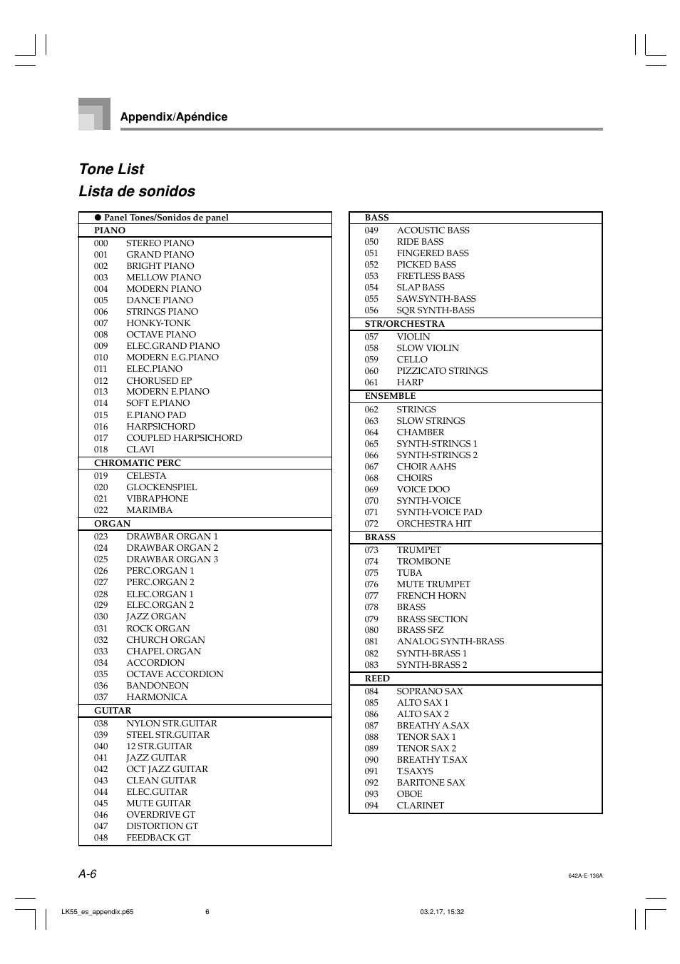 Tone list lista de sonidos, Appendix/apéndice | Casio LK-55  EN User Manual | Page 71 / 83