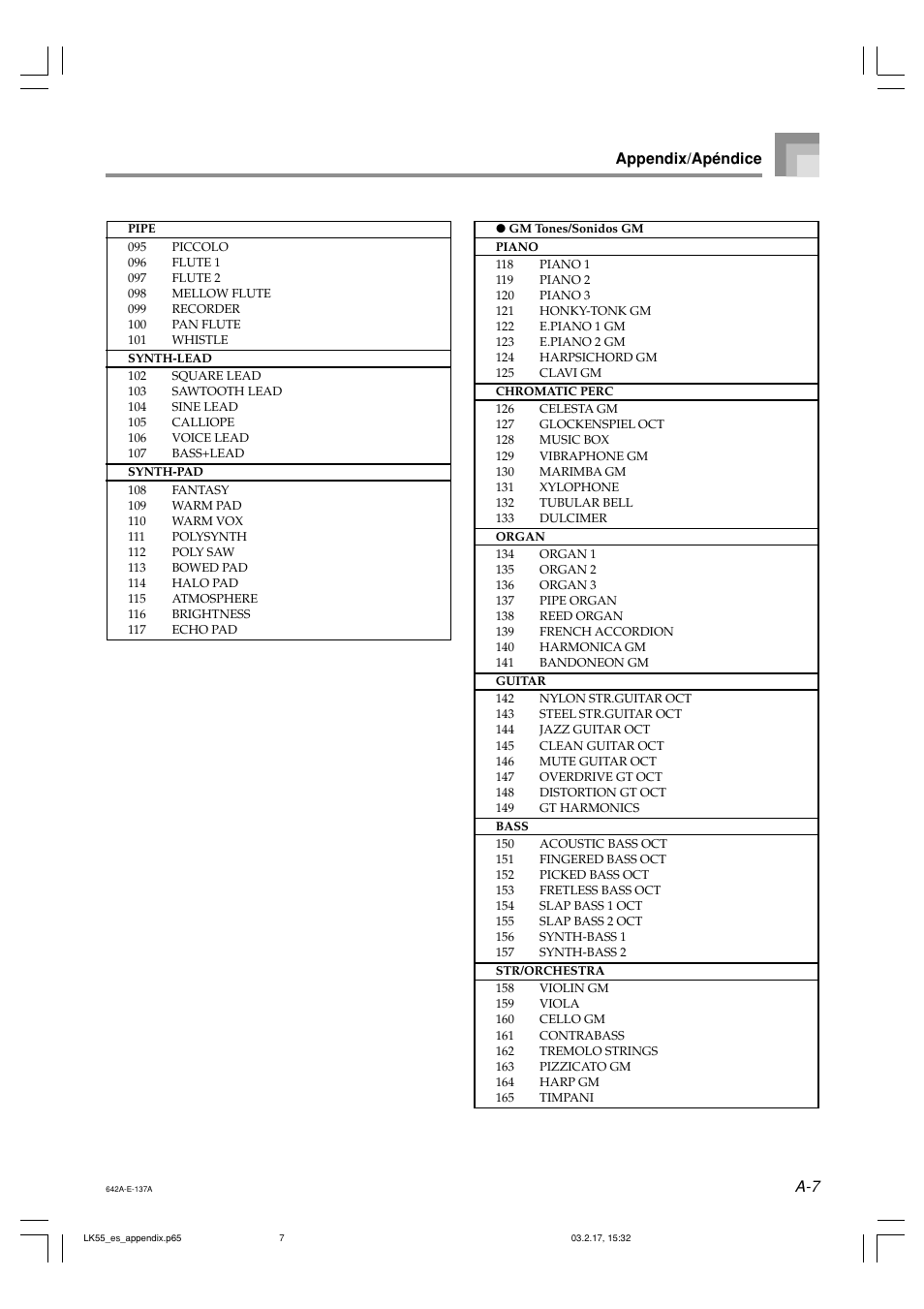 Appendix/apéndice | Casio LK-55  EN User Manual | Page 72 / 83