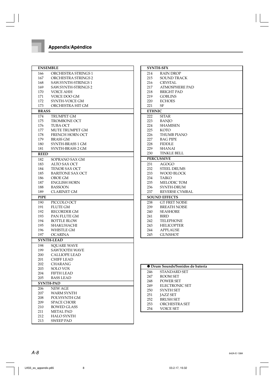 A-8 appendix/apéndice | Casio LK-55  EN User Manual | Page 73 / 83